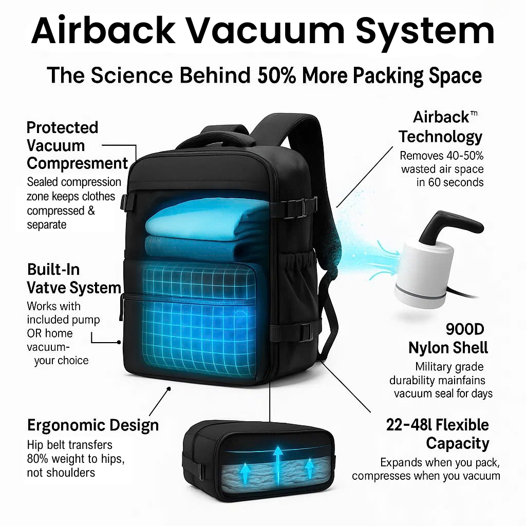 air vacuum travel backpack Lumoro Vacuum Travel Backpack